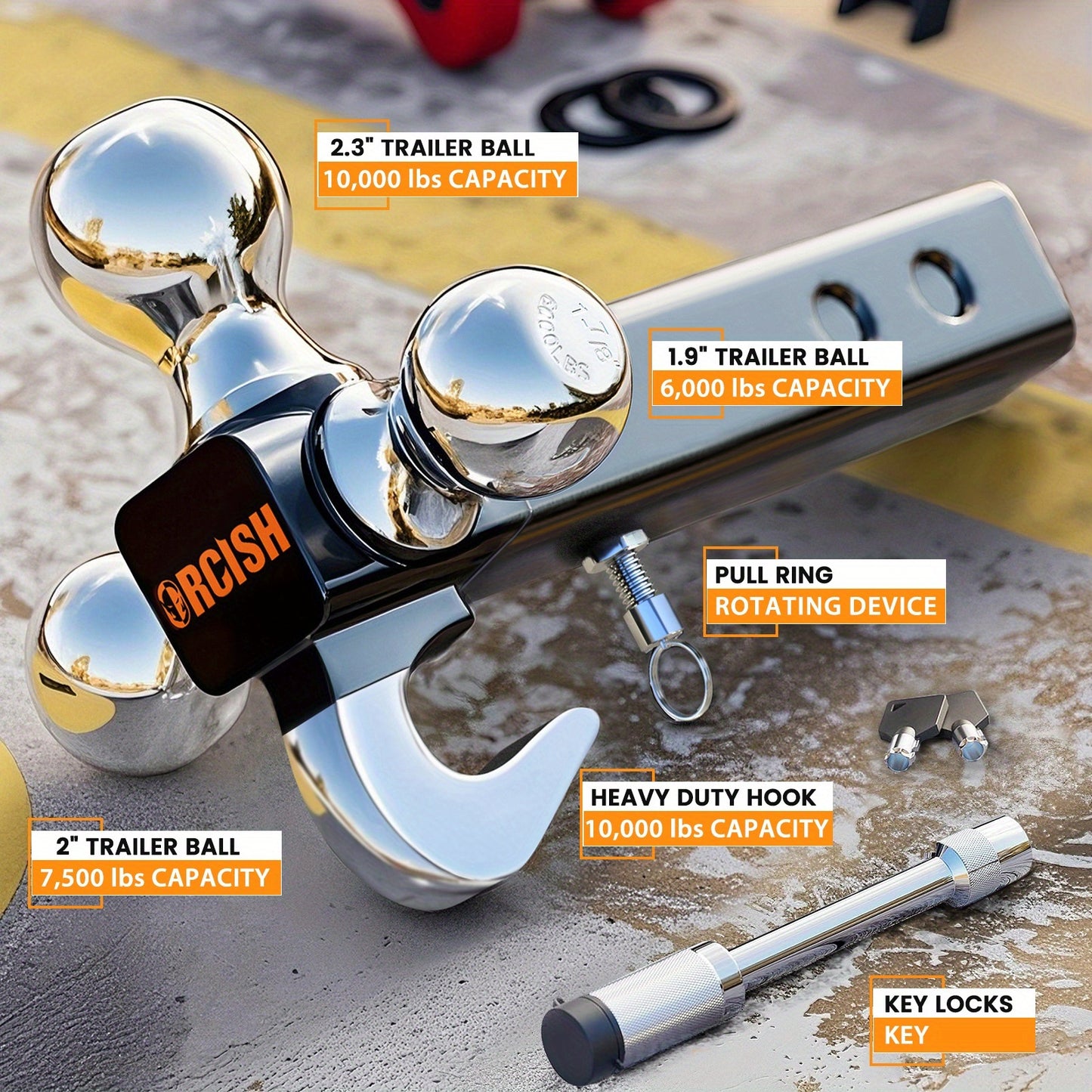 Trailer Hitch Tri-Ball Mount With Hook Contain Secure Self-Lock Latch, Hitch Ball Size 1-7/8", 2" And 2-5/16", Fit 2 Inch Hitch Receiver, Tow Hitch With Double Anti-Theft Pins Locks