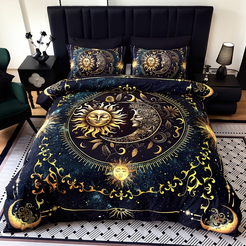 3pcs Duvet Cover Set, Polyester 90g Woven, Digital Printed Golden Sun Moon Planet Pattern, Machine Washable, All-season for Home Dormitory, 1 Duvet Cover + 2 Pillowcases (No Insert)