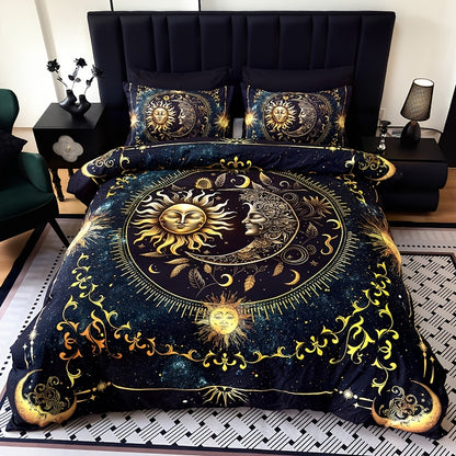 3pcs Duvet Cover Set, Polyester 90g Woven, Digital Printed Golden Sun Moon Planet Pattern, Machine Washable, All-season for Home Dormitory, 1 Duvet Cover + 2 Pillowcases (No Insert)
