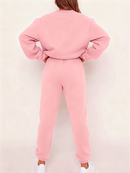 Women'S Casual Crew Neck Sweatshirt & Pants Set - Cozy Fleece-Lined Two-Piece Outfit with "Happy New Year" Print, Perfect for Fall/Winter, Casual Wear, |playful Print|fleece Lined Pants, Sweater Pants