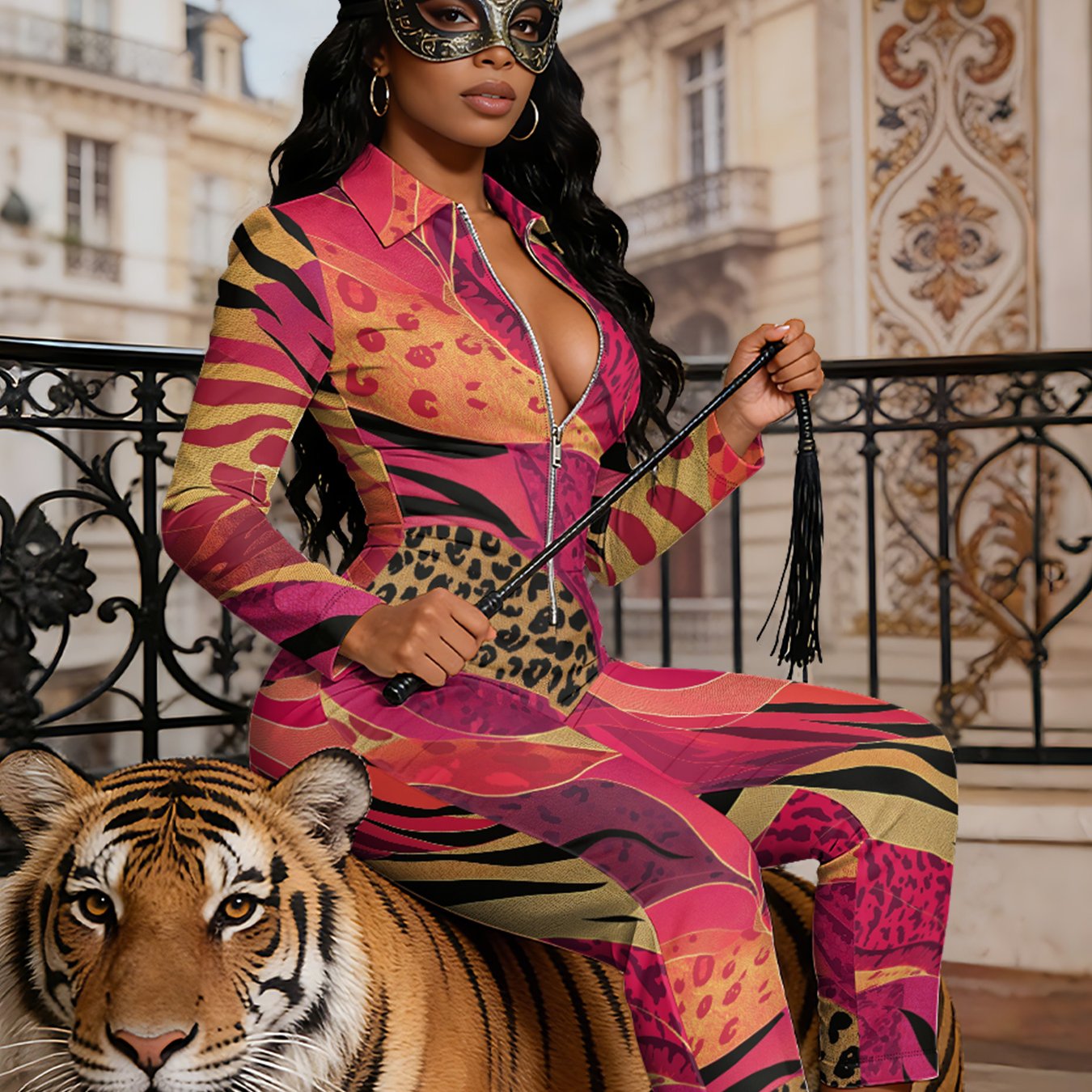 Ladies' Four-Season Long-Sleeved Sexy Jumpsuit | Front Zipper Design, Light Style, Fashionable Full-Print, Perfect for Daily Outings and Casual Wear, Fashionable and Sexy Outfit