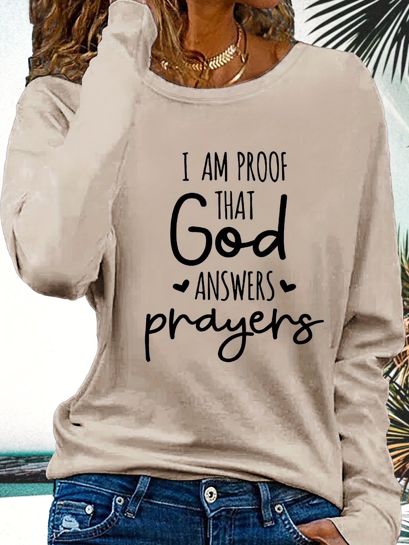 Women's Faith T-Shirt - "I Am Proof God Answers Prayers" Verse Print, Blue Long Sleeve Crew Neck Casual Top, 180gsm Heavyweight Religious Apparel for Church, Casual Attire & Prayer Outfits