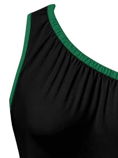 Women'S Elegant Off-the-Shoulder Harem Pantjumpsuit - Black & Green Striped Digital Print, Sleeveless Regular Fit Long Length Casual Streetwear for Spring Summer Fall, Versatile Outfit, Comfortable Wear