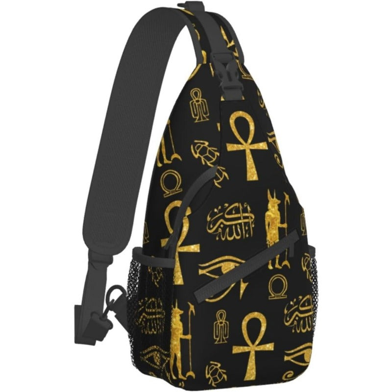 Men's Egyptian Hieroglyphic Print Crossbody Chest Bag - Golden & Black Ancient Egypt Design with Anubis & Scarab Beetle Symbols, Durable Zipper Closure, Casual Travel Backpack-like Waist Pack for Outdoor, Daily Use & Egypt-Th