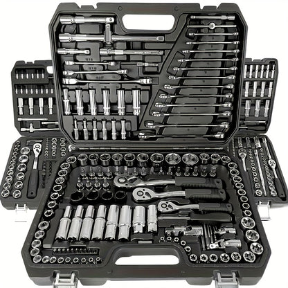 Black 46/215+1pc High-end Professional Tool Set, Auto/bicycle Repair Machinery Kit, 1/2 Inch *1/4 Inch 3/8 Inch Drive Depth And Standard Wrench Set, Race-grade Auto Parts Repair Ratchet Wrench And Other Auto Repair Accessorie