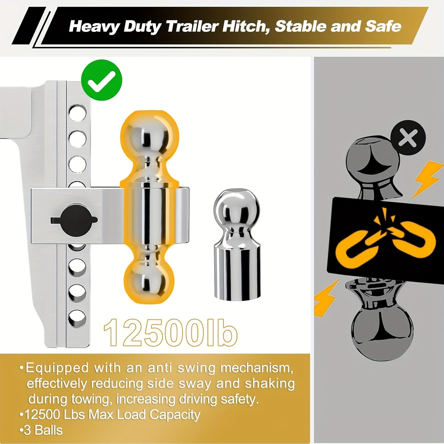 Adjustable Trailer Hitch Fits 2-Inch Receiver, 6/8Inch Drop Hitch Heavy Duty Aluminum Drop Hitch | Tri-Ball (1-7/8" X 2" X 2-5/16") With Dual Pin Key Locks And 15000 LBS GTW-Truck Trailer Hitch, Heavy Duty Solid Ball Mount, S