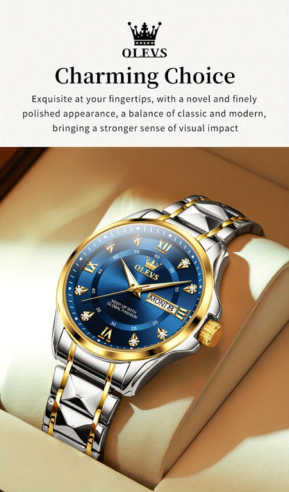 OLEVS Men's Luxury Business Chronograph Watch - Stainless Steel Dual Date & Day Calendar, Luminous Hands, Quartz Movement, Black Dial with Golden Accents for Formal & Casual Wear, Professional Timepiece, Sophisticated Style,