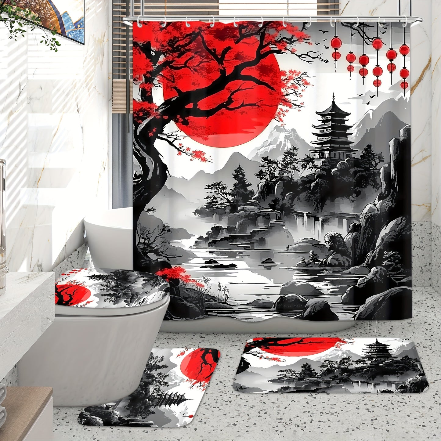 4pcs Japanese Cherry Blossom Mountain Landscape Shower Curtain Set, Black & Red Ink Wash Style with Sun, Tree, And Floral Design, Includes 12 Hooks, Toilet Lid Cover, Non-Slip U-Shaped Mat, Rugs, Traditional Asian Bathroom Ac