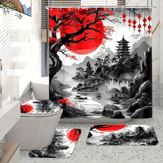 4pcs Japanese Cherry Blossom Mountain Landscape Shower Curtain Set, Black & Red Ink Wash Style with Sun, Tree, And Floral Design, Includes 12 Hooks, Toilet Lid Cover, Non-Slip U-Shaped Mat, Rugs, Traditional Asian Bathroom Ac