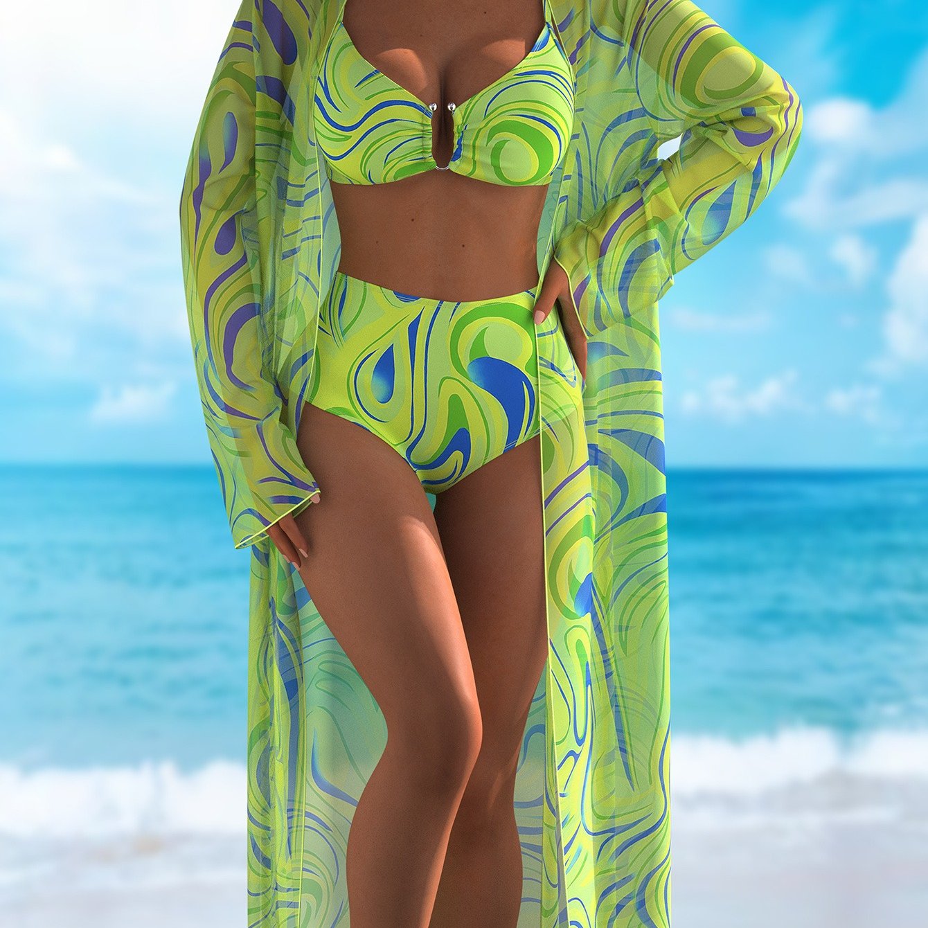 Summer Hit Trendy Women's Fashion Clothing. Women's Fashionable Swimsuits. Women's Bikinis. Women's Full-patterned Fashionable Net-sheen 3pcs Set for Beach and Outdoor Wear.