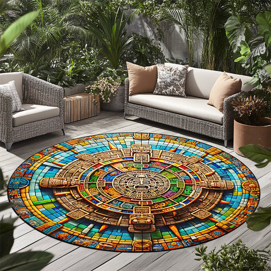 1pc Aztec & Mayan Calendar Patterned Area Mat, Large Washable Round Decorative Mat for Living Room/Bedroom/Office/Gaming Room/Camping, Indoor/Outdoor Use, Home Decor, Bedroom Decor | Vibrant Floor Covering | Durable Polyester