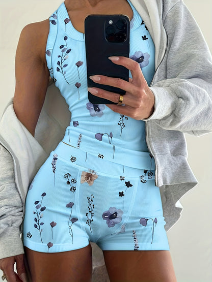 2pcs Outfit Floral Print U-Neck Tank Top And Elastic Waist Shorts Set Slim Fit Ribbed Set