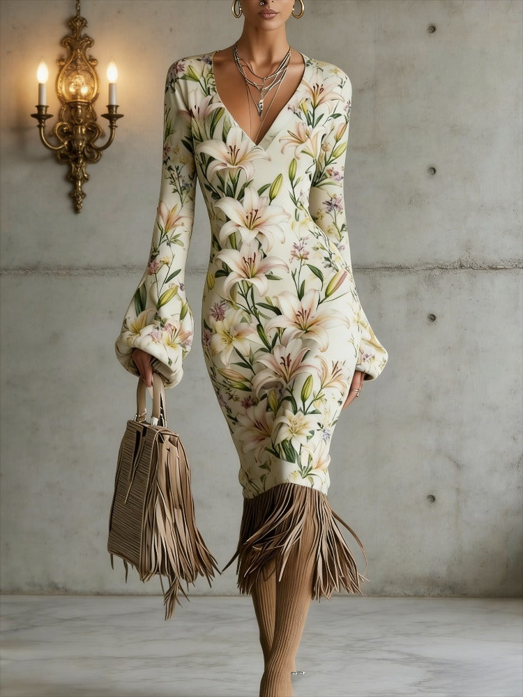Cross-border New Autumn And Winter Sweater Dress, Floral Flower Printing, Sexy V-neck Long-sleeved Design, Fringed Hem Embellishment, Warm And Thin Temperament Commuter Bottom Dress