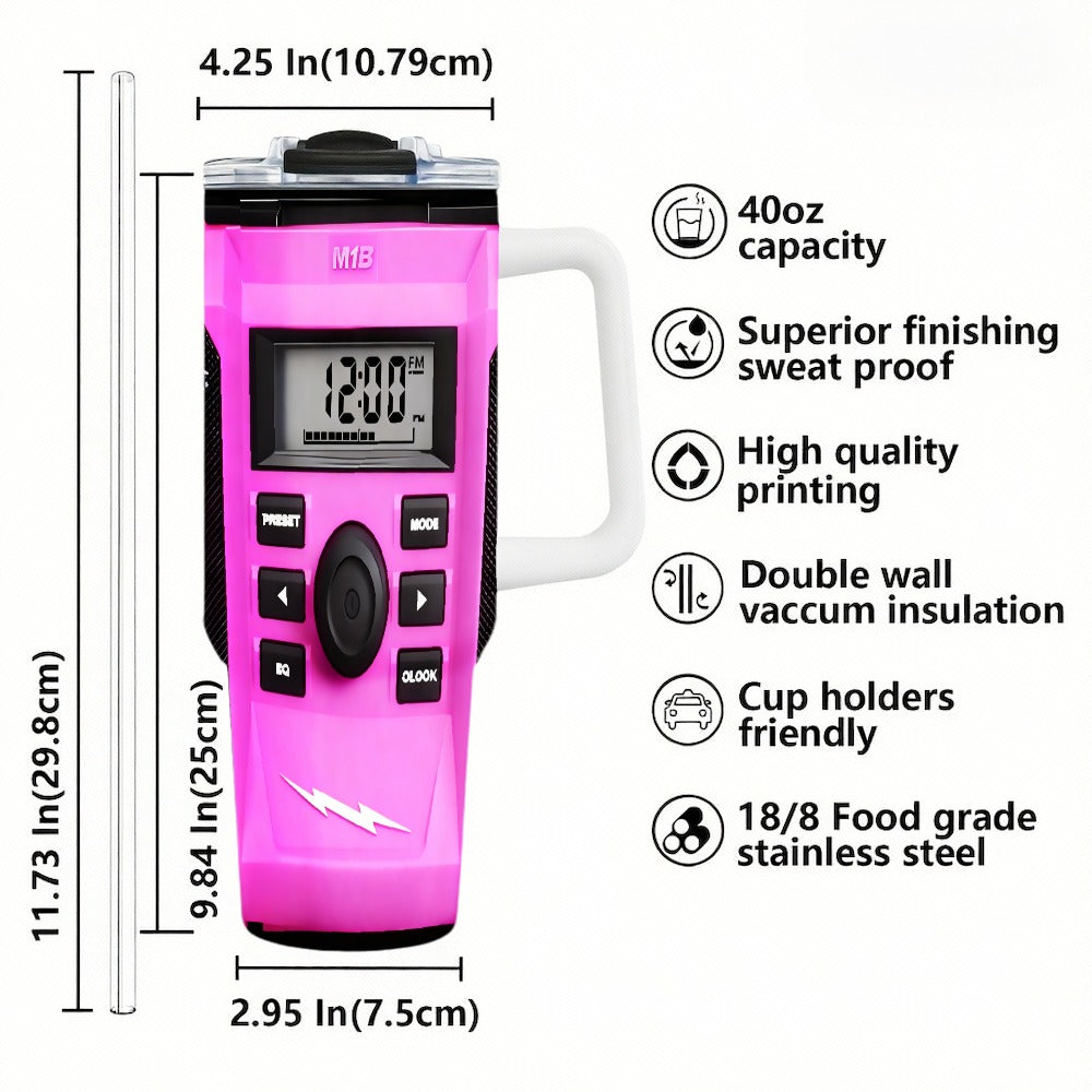 40Oz Pink Style Radio Car Mug - Distinctive Drinkware! It Includes a Radio/Clock Display, a Robust Handle, And a Sipping Lid. Perfect for Radio Fans And Collectors. Designed with Double-Layer Insulation to Keep Drinks Hot Or