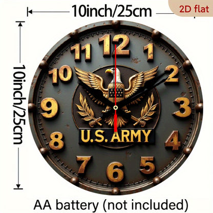 9.8" U.S. Army Silent Wall Clock - 2D Flat Printed Eagle Olive Branch Design, Artificial Wood Quartz Battery Operated (AA), Non-Luminous Military-Themed Home Decor for Living Room, Bedroom, Coffee Area, Clock for Living Room,