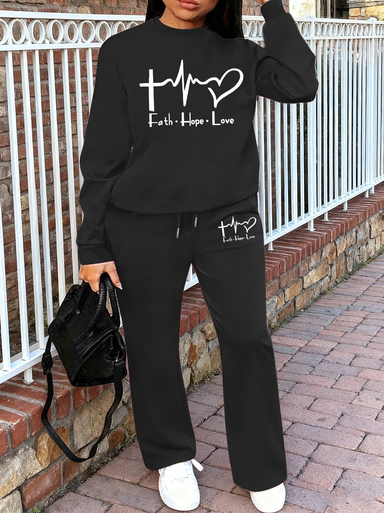 Women'S Casual Crew Neck Sweatshirt and Straight-Leg Pants Two-Piece Set with "Faith Hope Love" Print, Fleece-Lined, Drawstring Waist, All-Season, Comfortable Outfit For Casual Attire, Comfortable Clothing | Crew Neck Sweatsh