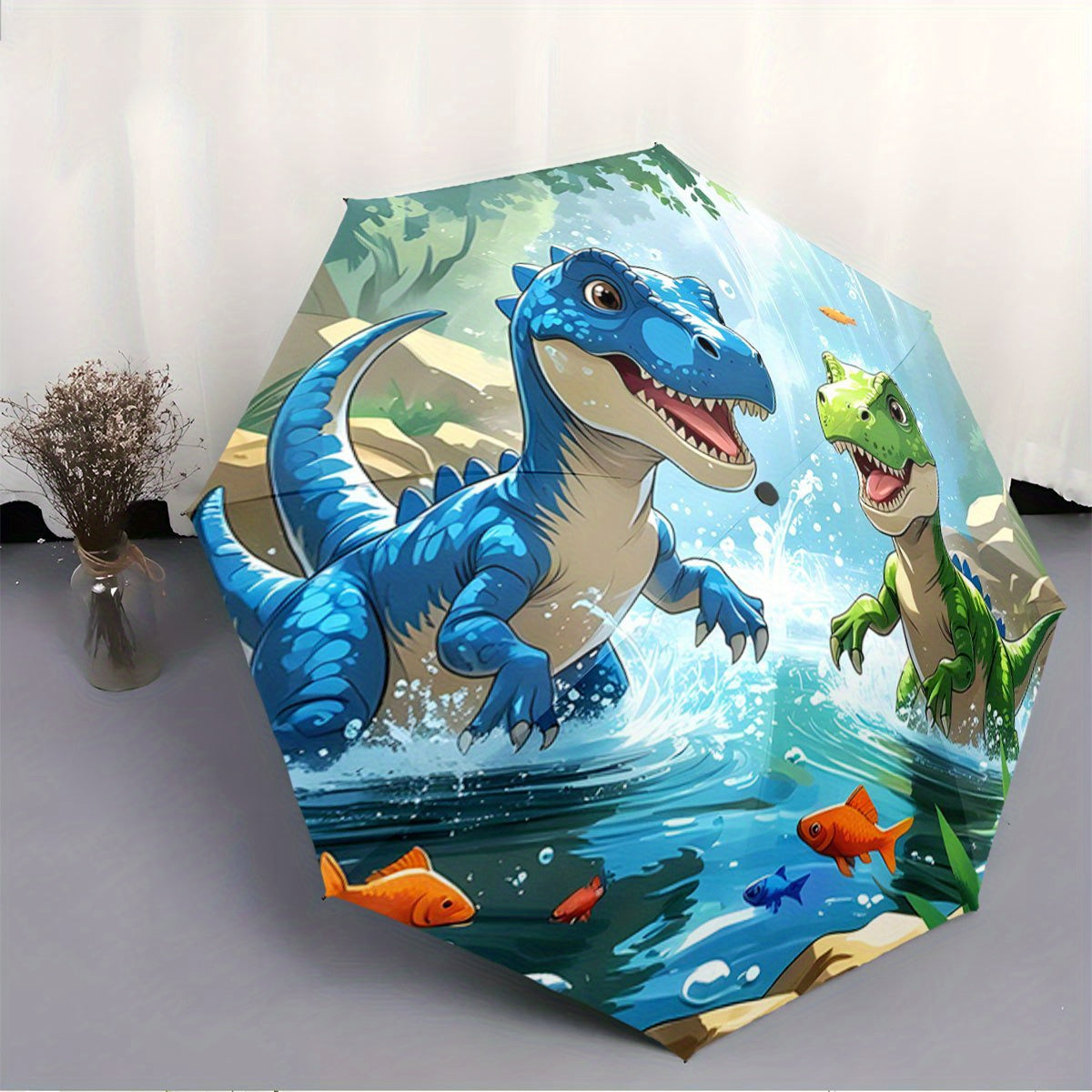 Automatic Open/Close Umbrella with One-Touch Button - Portable Folding umbrella, Compact Travel Umbrella with 8-Rib Strong Frame, Lightweight for Women/Men, Birthday/Christmas Gift for Dinosaur Lovers (Blue & Green Dinosaurs)
