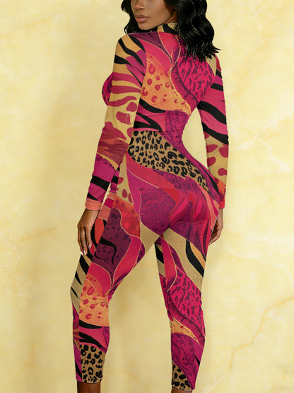 Ladies' Four-Season Long-Sleeved Sexy Jumpsuit | Front Zipper Design, Light Style, Fashionable Full-Print, Perfect for Daily Outings and Casual Wear, Fashionable and Sexy Outfit
