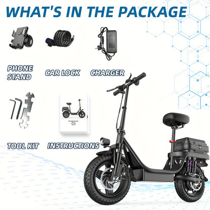 Peak Power 740W Electric Scooter With Free Seat & Basket - 48V10/15AH Battery, Dual Suspension, 20MPH, 10-35 Miles, LCD Display, 330lbs Max Load (Best For Commuting) Folding Ebike Adult Mini Electric Bike Equipped With Intell