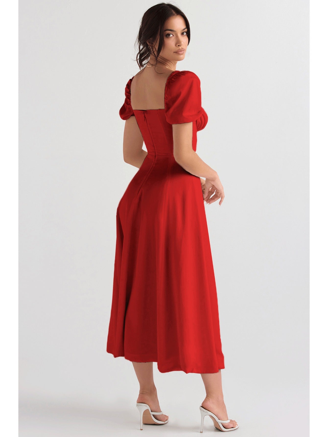Elegant Puff Sleeve Tie-Waist Dress | High Waist Design, Off the Shoulder, Solid Color, Flared Hem, Midi Length for Spring/Summer Fashion