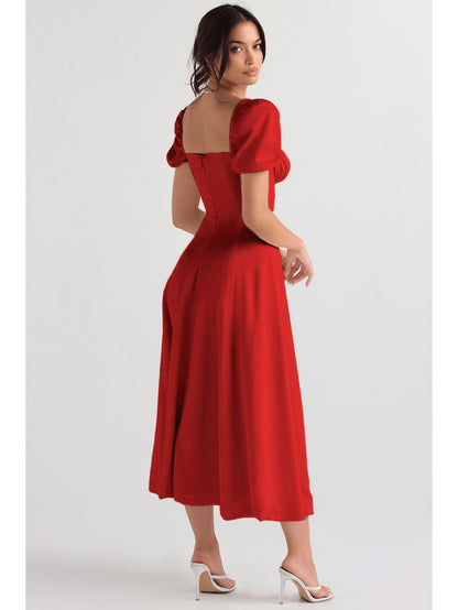 Elegant Puff Sleeve Tie-Waist Dress | High Waist Design, Off the Shoulder, Solid Color, Flared Hem, Midi Length for Spring/Summer Fashion