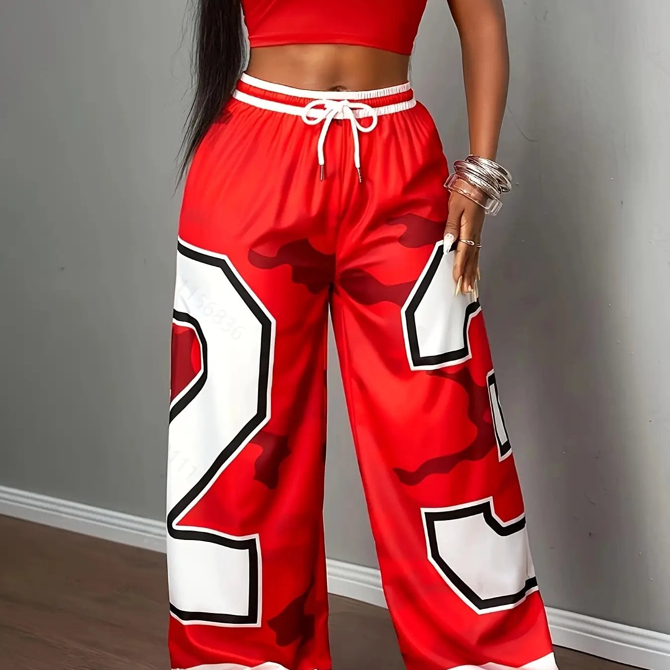 Women'S Red & White Geometric Letter Print Straight-Leg Pants with Elastic Drawstring Waistband - Casual Wide-Leg Trousers, Machine Washable All-Season Comfort, '25' Number Design & Pockets for Everyday & Special Occasions (S