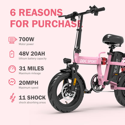M1 Electric Bike For Adults,32 Miles Range,700W peak motor,20MPH Speed, 48V 20Ah Removable Battery, Dual Disc Brakes, Front And Rear Suspension & Commuter EBike, 14'' all-purpose tire, LCD Mileage Display