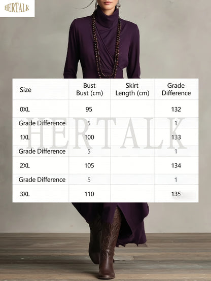 Plus Size - HERTALK Women'S Solid Color Long-Sleeved Cross High-Neck Dress Long Dress