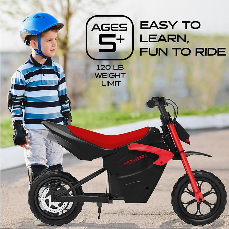 Hover-1 My First Dirt Bike for Kids - 300W Motor, 9MPH Max Speed, 9 Mile Range, 12" Off-Road Tires, 120LB Max Weight, Twist Grip Throttle & Rear Disc Brake Electric Dirt Bike for Kids Ages 5+ Years