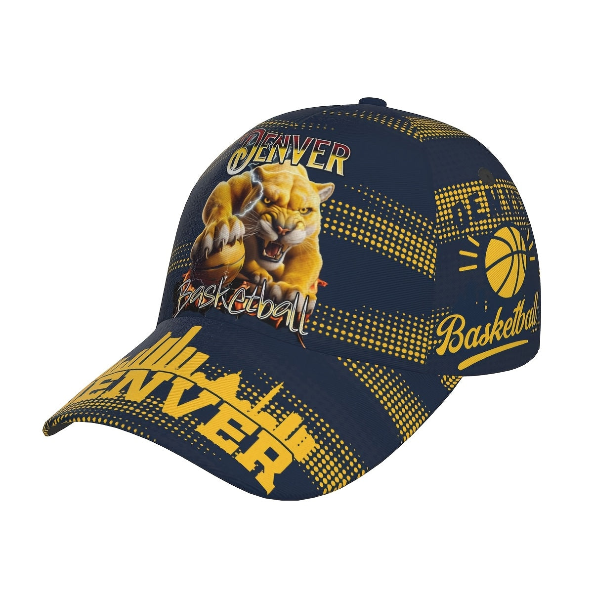 Trendy Structured Baseball Cap Featuring a Full-Print Design of a Golden Lion in a Basketball Style, Complemented by a Navy And Golden Polka Dot Stripe Texture