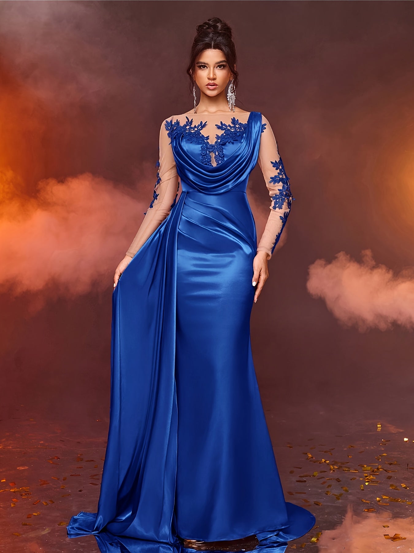 Elegant Long Ladies' Gown with Lace Detail | Solid Color, Contrast Mesh, Long Sleeve, Gown Hem, Ideal for Christmas, Birthday, Graduation, Travel