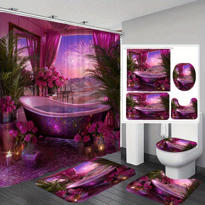1/4pcs Dreamy Bathtub Night Scene Print Set, Extra Wide Circular Shower Curtain, Includes Non-Slip Mat, Toilet Seat Cover, Floor Mat, and 12 Plastic Hooks, Bathroom Accessories, Holiday Decoration, Home Gift, Shower Curtain S