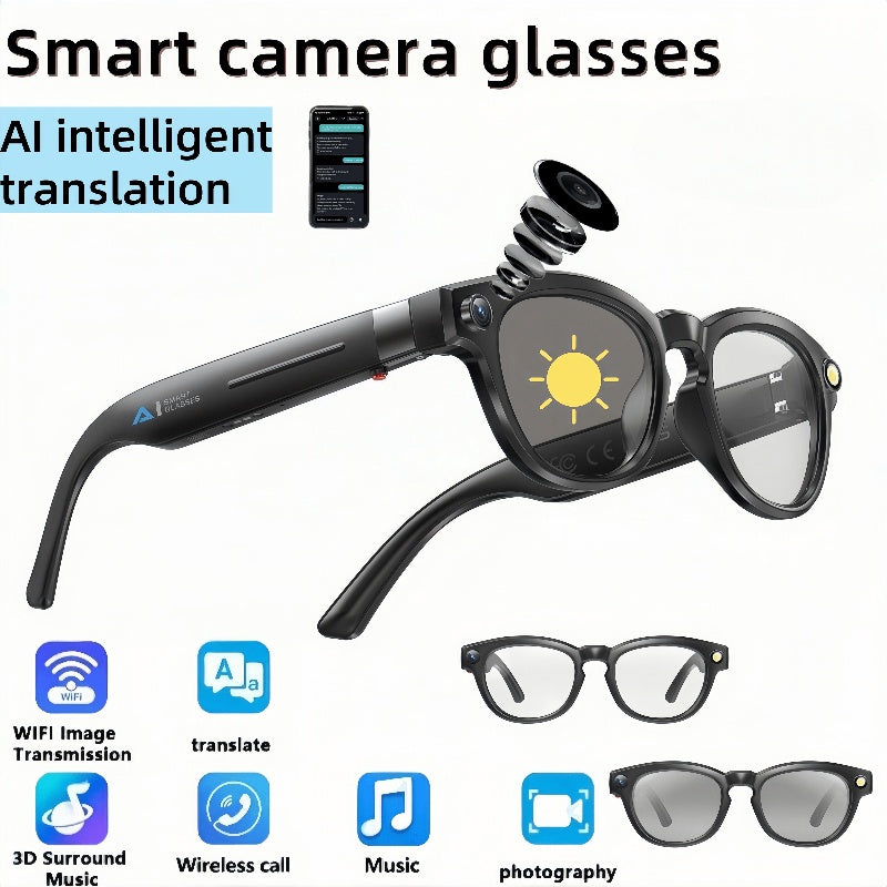 A New Hit - AI Smart Glasses with Touch And AI Chat Support. AI Intelligence, 800W HD, And Image Stabilization. Real-time Translation. Dual Microphones with Blue Light Protection And Noise Reduction. 4K HD Recording And Wirel