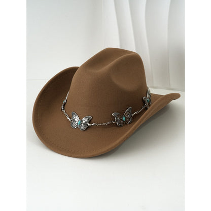 Women'S Bohemian Turquoise & White Cowboy Hat - Felt Wide Brim Sun Hat with Butterfly Metal Chain Accent, Non-Stretch Formal & Western Style for Christmas, Festivals, Casual Attire - Hand Washable Elegant Felt Cowboy Cap, Cow
