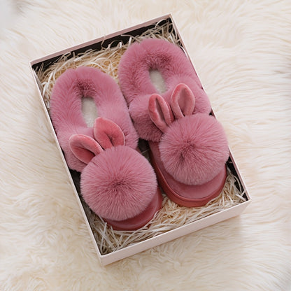 [Cozy House Shoes] 2025 New Autumn & Winter Single Ball Rabbit-Ear Design Warm Slippers for Men & Women - Couples' House Shoes with Thick Sole & Semi-Enclosed Back | Indoor/Outdoor Slides | Lightweight & Quiet Home Footwear |