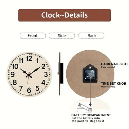 JFHT Minimalist Wooden Round Wall Clock - Silent Non-Ticking Digital Display, Black & White Design, Battery Operated (AA Not Included) - Home Decor, Holiday Gift, Clock for Living Room, Clean Dial Design
