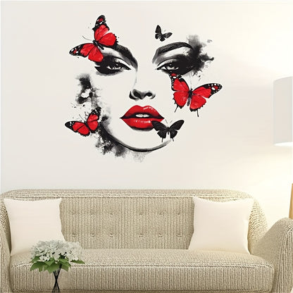 Unique Beauty and Butterfly Pattern Wall Sticker, Ink Brush Strokes Add Artistic Atmosphere. Red and Black Color Scheme Eye-catching, Instantly Elevates the Ambiance of Spaces like Bedrooms and Living Rooms. Easy to Apply and