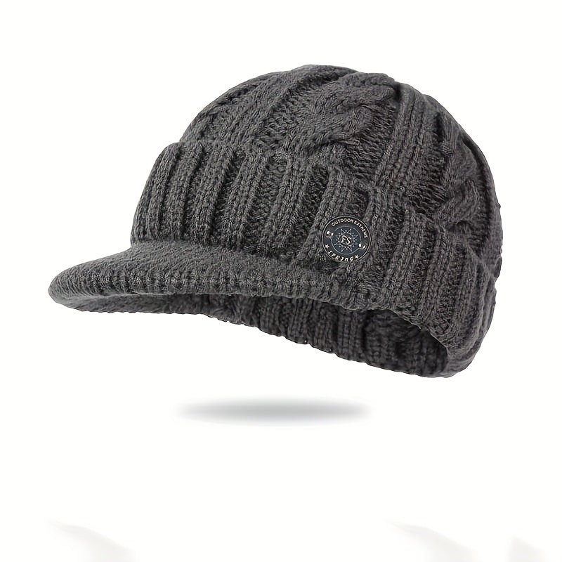 Men'S Winter Warm Fleece-Lined Knit Beanie Hat - Thickened Ear Protection, Funky Style, Black with White Logo, Polyester 100., Ideal for Cycling & Outdoor Activities, Winter Headwear | Funky Beanie | Knit Construction, Winter