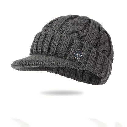 Men'S Winter Warm Fleece-Lined Knit Beanie Hat - Thickened Ear Protection, Funky Style, Black with White Logo, Polyester 100., Ideal for Cycling & Outdoor Activities, Winter Headwear | Funky Beanie | Knit Construction, Winter