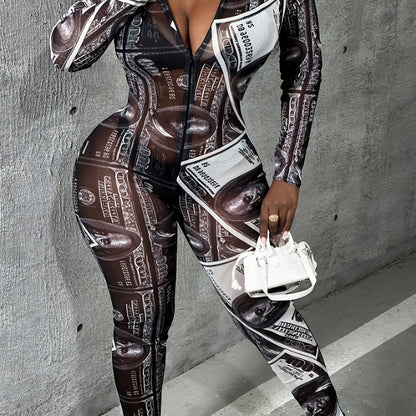 Full Lace Printed Fitted Jumpsuit, Ruched Neckline with Bag, Body-hugging Design, Stunning Neckline Back. The Wearable Face Body Wraps are Suitable for Women at All Ages, Making Anyone Smaller and Lovelier.