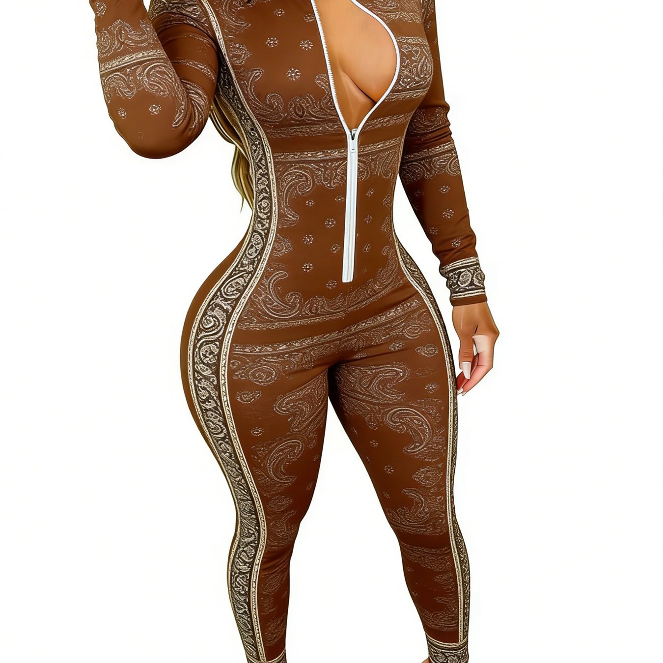 Brown Women's Long Sleeve Jumpsuit with Paisley Print - Slim Fit, Stylish & Sexy for Dates, Parties & Daily Outings, Sizes 2XS-2XL