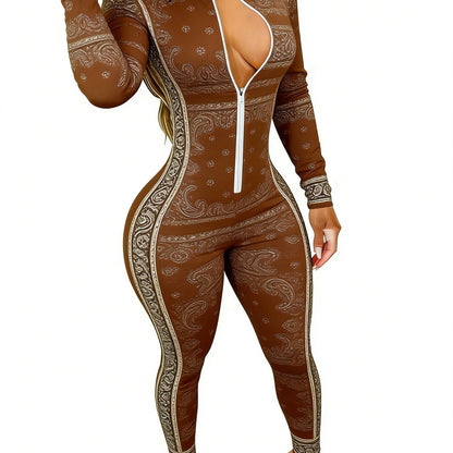 Brown Women's Long Sleeve Jumpsuit with Paisley Print - Slim Fit, Stylish & Sexy for Dates, Parties & Daily Outings, Sizes 2XS-2XL
