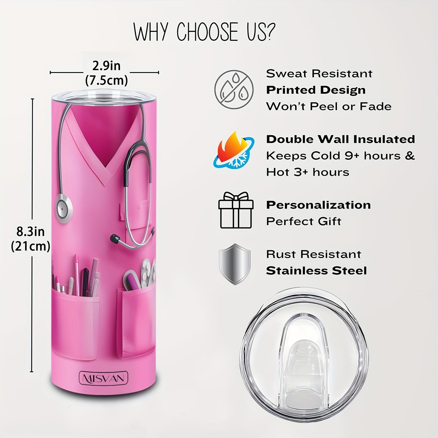 1pc MISVAN Nurse-Themed 20oz Vacuum Insulated Cup with Lid - Customizable "Your Name" Design, Pink Stethoscope & Medical Symbol, Perfect Gift for Mother'S Day, Father'S Day, Nurses' Day & Birthdays, Travel & Sports Drinkware,