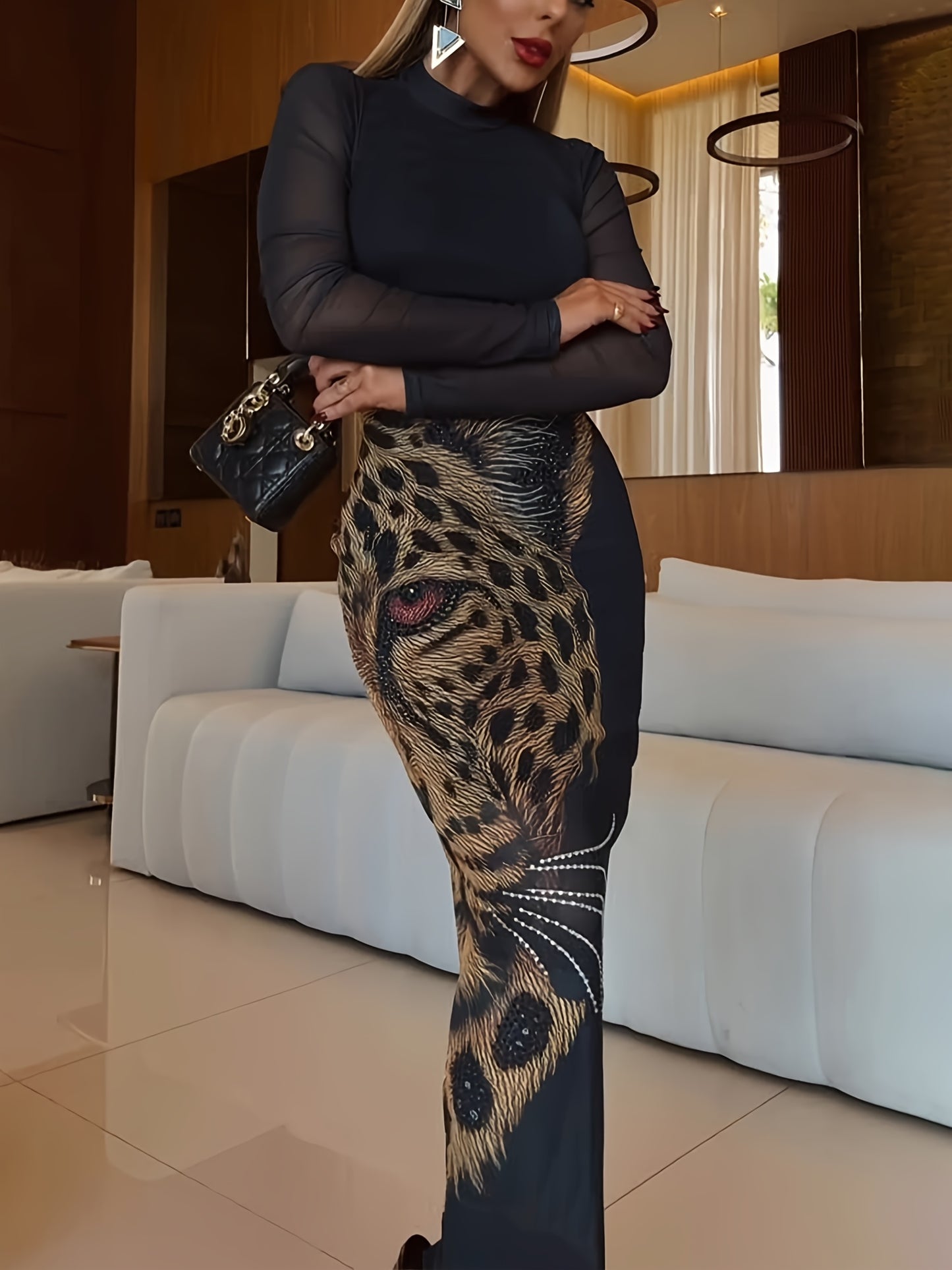 Elegant Leopard Print Bodycon Dress | Long Sleeve, Contrast Lace Detail, Suitable for Parties, Beach Outings, and Social Events