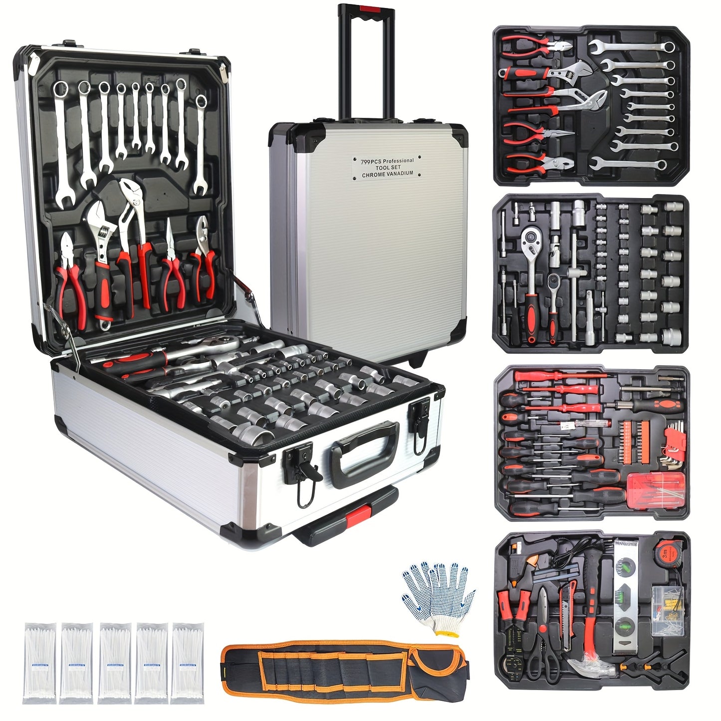 799pcs Men's Tool Set with Rolling Box, Complete Household Tool Kit in Aluminum Trolley Case, Ideal Father's Day Gift, Tool Box, Tool Set, valentines day gift