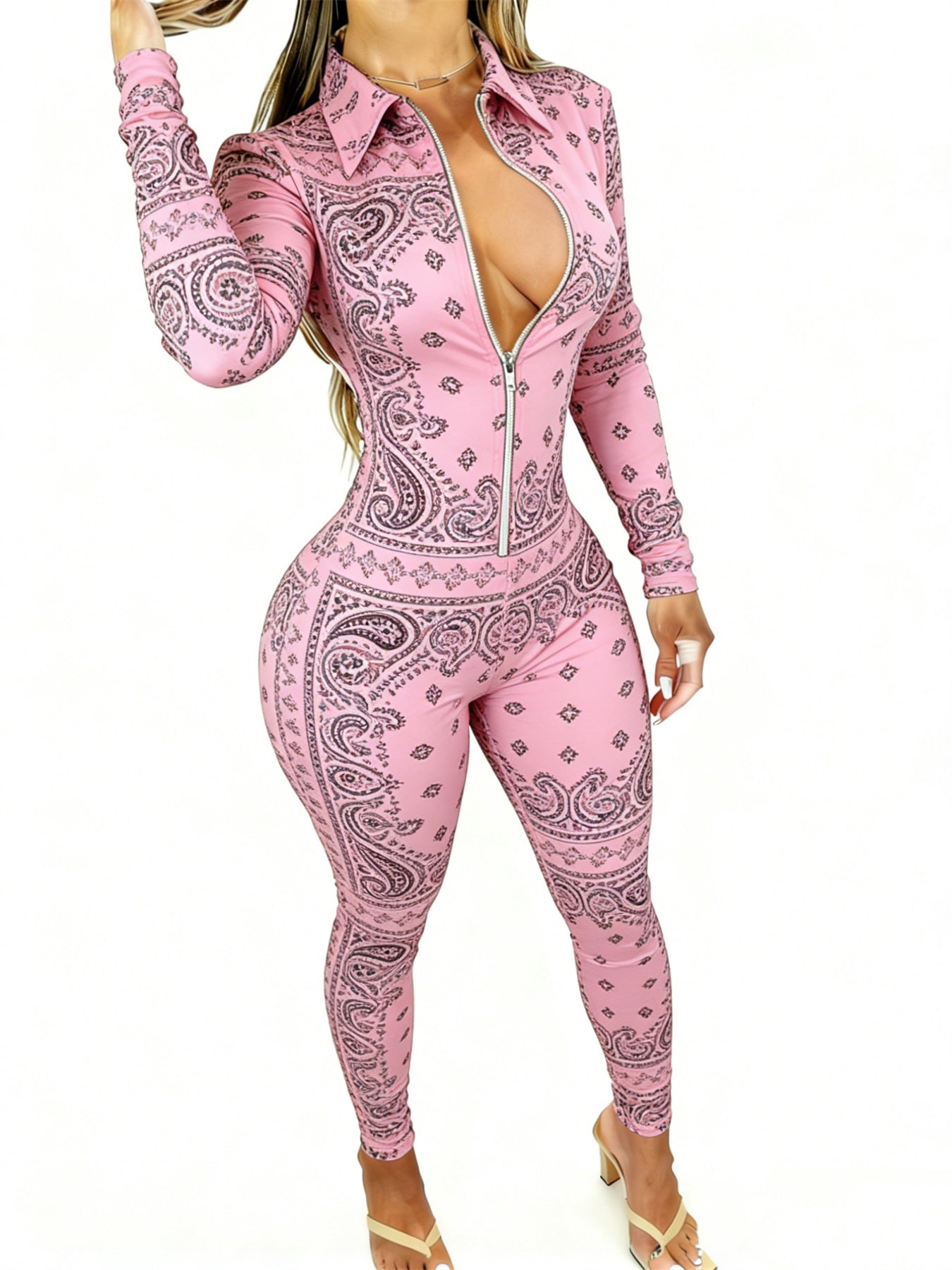 Women's Long Sleeve Slim-Fit Zip-Front Jumpsuit with Pink Paisley Print - Cute & Stylish for Dates, Shopping Trips | Sizes 2XS-2XL