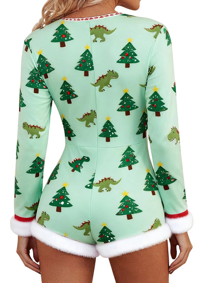 Women'S Christmas Romper Pajamas - Festive Snowman & Candy Cane Print Long Sleeve V-Neck Jumpsuit with Raw Edge Trim, Soft Stretch Fabric Slim Fit Coquette Style Holiday Party Outfit, Y2K Winter Sleepwear & Lounge Wear for Ad