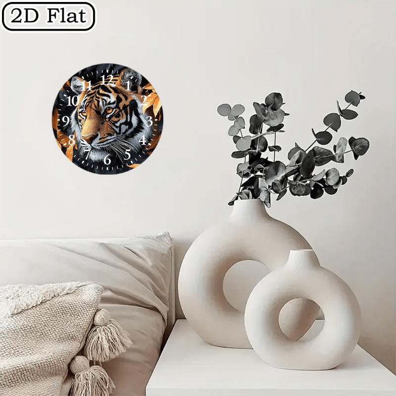 10x10 Inch Round Wooden Wall Clock with Tiger Head & Orange Leaves Design - Silent Non-Ticking Battery-Powered Modern Black/White Face, Golden Hands - Home Office Bedroom Decor, Wildlife-Themed Gift for Halloween Christmas (A