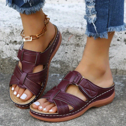 Women's Solid Color Platform Sandals, Slip On Cross Straps Casual Wedge Retro Shoes, Summer Versatile & Comfy Shoes