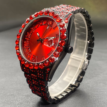 Ice Rhinestone Fashion Couple Watch Ice Blue Artificial Diamond Calendar Quartz Men'S Watch Party Women'S Watch Gift